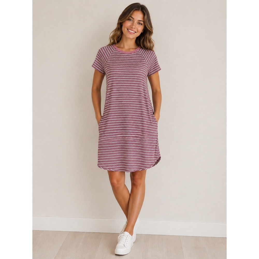Umgee Womens Striped Short Sleeve Raglan T-Shirt Dress Pink White S